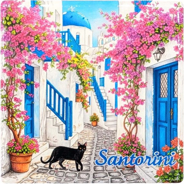 MAGNET SQUARE LOCAL STREET WITH CAT SANTORINI  7,5Χ7,5CM