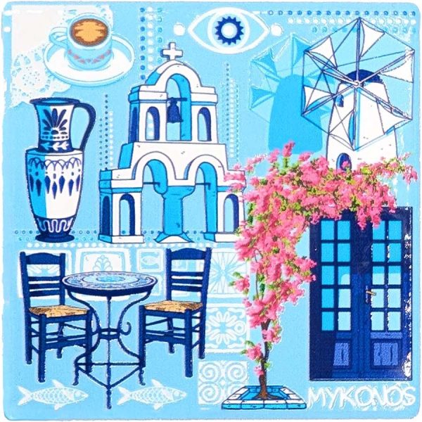 MAGNET SQUARE CHURCH AND WINDMILL MYKONOS  7,5Χ7,5CM